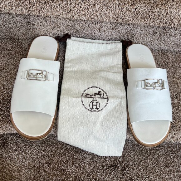 HERMÈS Vaisseau Men\'s White  Leather Slides. main image 15